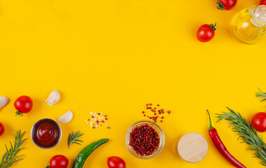 Cooking Concept with Spices and Vegetables on Yellow Background, Vegetarian Food, Background for Recipes, Top View