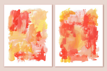 Set of watercolor bright art posters. Wall canvas design. Abstract red, yellow. Bright colors. Interior art.