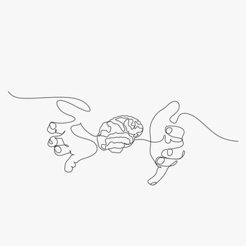 Continuous Line art Hands touching brain of AI, Symbolic, Machine learning, artificial intelligence of futuristic technology. 