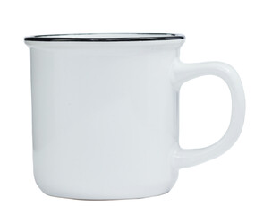 White blank enamel camping mug side view isolated on white background.