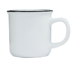White blank enamel camping mug side view isolated on white background.