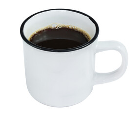 Black coffee in White enamel camping mug isolated on white background
