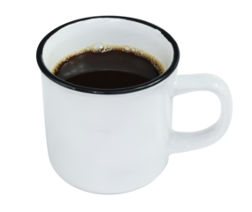 Black coffee in White enamel camping mug isolated on white background