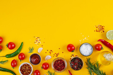 Cooking Concept with Spices and Vegetables on Yellow Background, Vegetarian Food, Background for Recipes, Top View