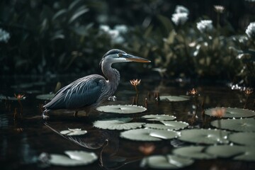 A graceful bird glides on a peaceful pond surrounded by aquatic plants. Generative AI