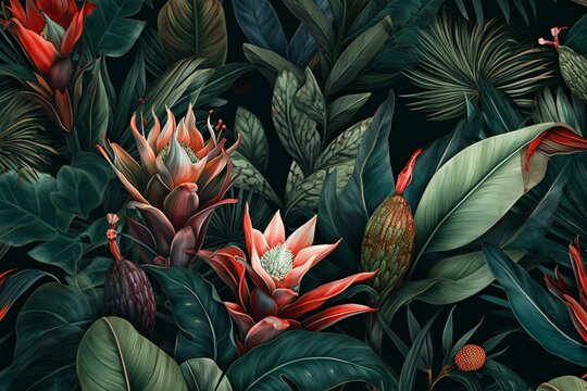 Illustration of exotic plants for custom wallpaper. Generative AI © Taavi