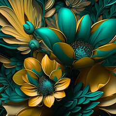 Teal and goldenfantasy flower Illustration for prints, wall art, cover and invitation. Watercolor art background.