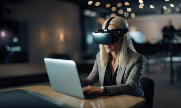 Empowered in the Digital Realm A Visionary Woman Immersed in the Virtual Frontier, Effortlessly Engaged in Work, Wearing Virtual Reality (VR) to Expand Horizons and Unlock Boundless Possibilities