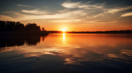 Naklejka na ściany i meble An image of a stunning sunset over a calm lake showcasing the natural beauty of summer.