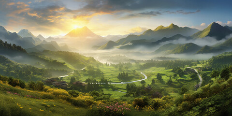 Plakat lush green valley during sunrise, golden light reflecting off dew drops, misty mountains in the backdrop