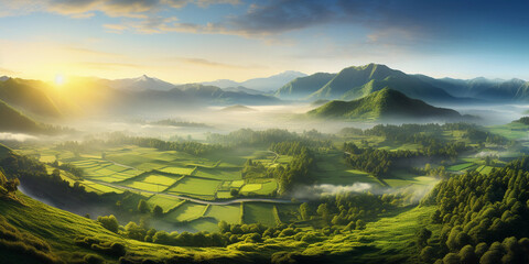 lush green valley during sunrise, golden light reflecting off dew drops, misty mountains in the backdrop - obrazy, fototapety, plakaty
