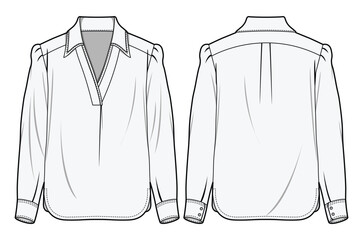 Women V-Neck Collared Shirt Blouse Front and Back View. Fashion Flat Sketch Vector Illustration, CAD, Technical Drawing, Flat Drawing, Template, Mockup.
