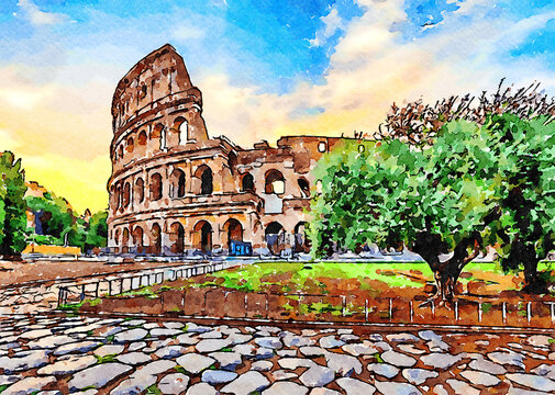 Rome, Italy - Sunset behind the Colosseum - Creative illustration, vintage watercolor design.