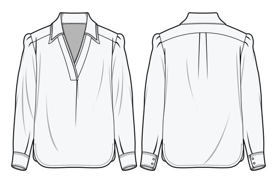 Women V-Neck Collared Shirt Blouse Front and Back View. Fashion Flat Sketch Vector Illustration, CAD, Technical Drawing, Flat Drawing, Template, Mockup.