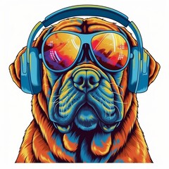 Funky cartoon mastiff dog with headphones listening to music with sunglasses and vintage retro styling. Created using generative AI. - obrazy, fototapety, plakaty