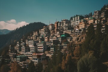 Fototapeta na wymiar Scenic view of homes and mountains in Shimla. Generative AI
