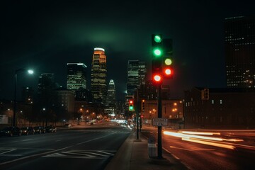 Fototapeta na wymiar Night view of Minneapolis skyline with the traffic light. Generative AI
