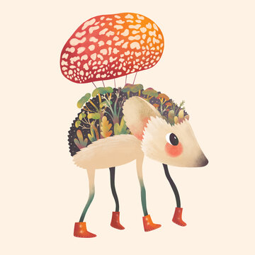 Hedgehog Character with agaric parachute