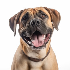 Boerboel dog close up portrait isolated on white background. Brave pet, loyal friend, good companion, generative AI