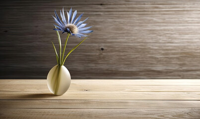  a white vase with blue flowers in it on a wooden table.  generative ai