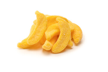 Juicy colorful jelly banana sweets isolated on white.