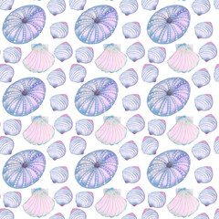Watercolor set of sammer shell. Hand drawn cute pattern pink blue Shells on a white background. Use for banners posters texctiles cover wrapping paper