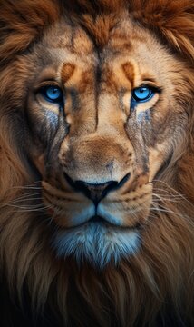 Leão com pelagem dourada e olhos azuis aproximado
