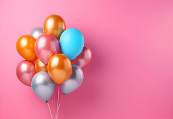 Colorful balloons bunch tied on a pink wall background with copy space. Birthday, wedding, party or celebration concept. Generated AI. - obrazy, fototapety, plakaty
