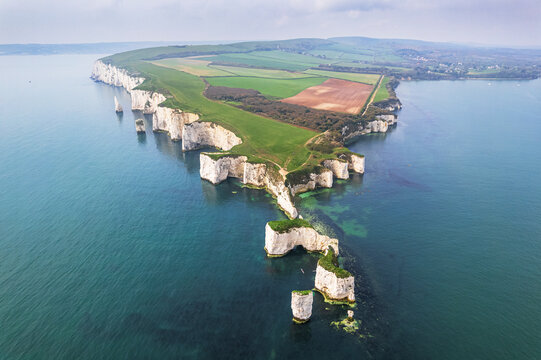 Aerial view of the white cliffs of Old Harry Rocks, Jurassic Coast, UNESCO World Heritage Site, Studland, Dorset, England