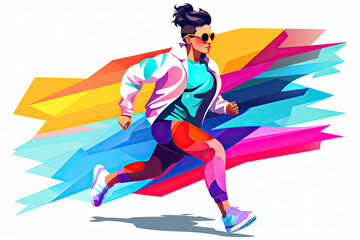 Bright multi-colored illustration of a sports running girl in sunglasses on a white background.
