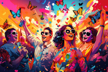 Bright colorful summer party with dancing people and butterflies in the open air.