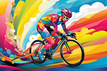 Illustration of a cyclist in motion on a bright multicolored blurred background.