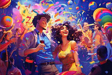 A guy with a girl at a bright colorful Mexican-style party.
