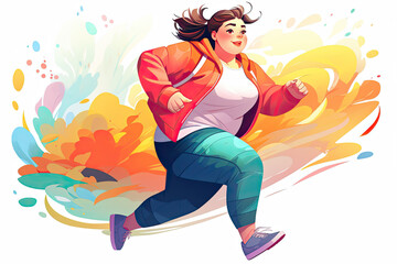 Obraz na płótnie Canvas Plus size woman in sportswear running on bright colorful background illustration.