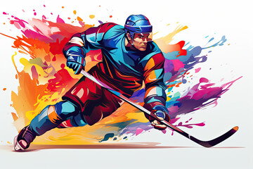 Bright multicolored illustration of a hockey player with a stick on a white background.