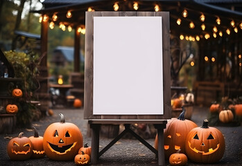 Halloween welcome signboard mockup with pumpkins in the garden. Blank board with autumn holiday decoration with copy space. Generated AI.