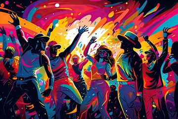 Abstract illustration of bright multicolored nightclub party with dancing people.