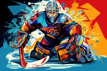 Bright multicolored illustration of a hockey goalkeeper with a stick.