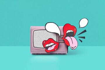 Vintage TV with talking mouths and speech balloons.