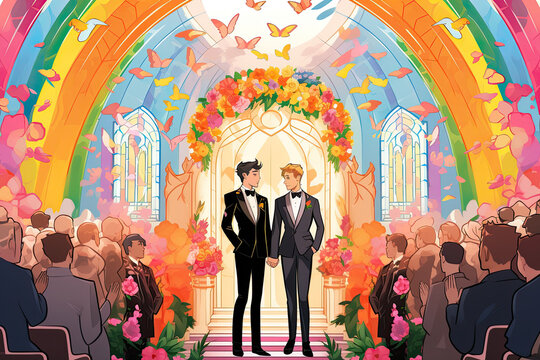 Bright multi-colored illustration of the wedding process of a gay couple at the altar in a church with a rainbow and butterflies in the background.