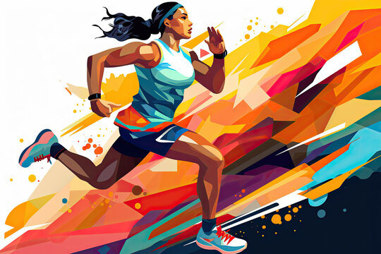 Bright multi-colored illustration of an athletic running African American girl in shorts and a t-shirt.