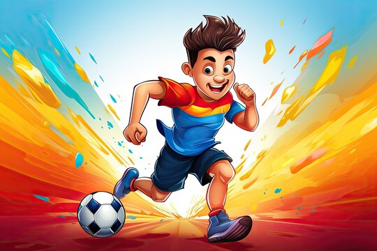 Illustration of a child football player with a ball on a bright multi-colored paint background.