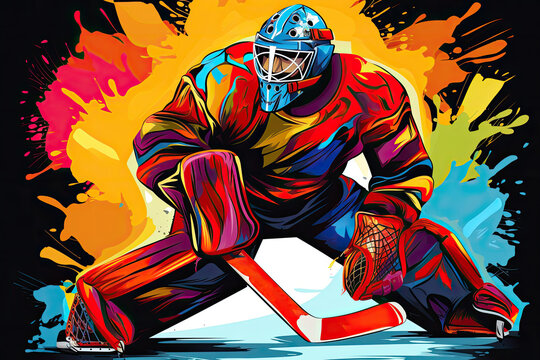 Bright multi-colored illustration of a hockey goalkeeper close-up on a dark background.
