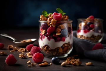 Yogurt granola parfait with sliced nuts, fresh raspberry and blueberry in a glass jar on dark background. Generative AI.