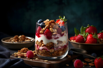 Yogurt granola parfait with sliced nuts, fresh strawberry, raspberry and blueberry in a glass jar on dark background. Generative AI.