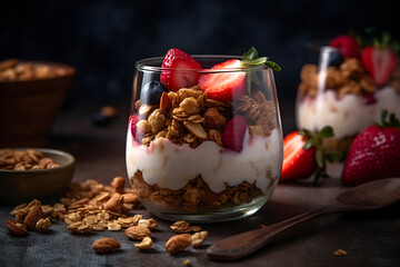 Strawberry yogurt granola parfait with sliced nuts, fresh strawberries and blueberry berries in a glass jar on dark background. Generative AI.