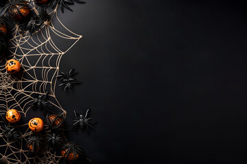 Fototapeta Happy halloween flat lay mockup with spiders, decoration and spider web on black background. Autumn holiday concept composition. Top view with copy space. Generated ai. obraz
