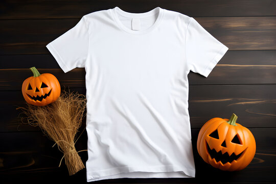 White womens t-shirt halloween mockup with pumpkins and leaves on dark background. Design t shirt template, print presentation mock up. Top view flat lay. Generated AI.
