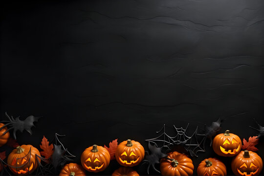 Happy halloween flat lay mockup with pumpkins and spider web on black background. Autumn holiday concept composition. Top view with copy space. Generated ai.