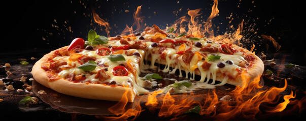 Hot pizza with melted cheese, fire and flying vegetables. generative ai - obrazy, fototapety, plakaty
